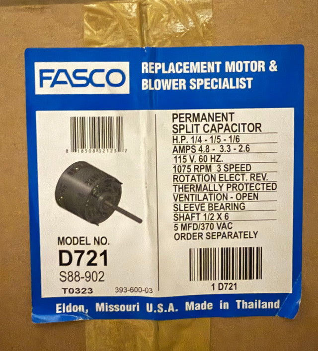 Fasco D721 Motor 1/4 hp 1075 RPM 3-Speed 115 Volts