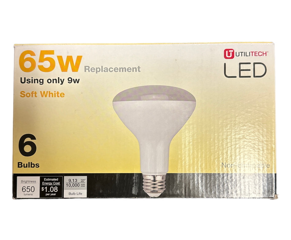 Utilitech Bombilla LED EQ BR30 de 65 vatios, base media, color blanco suave (e-26), (paquete de 6) 