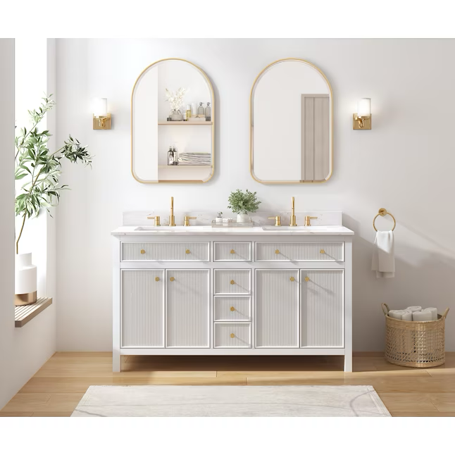 Mueble de baño con lavabo doble bajo encimera blanco Sandbanks de 60 pulgadas de Allen + Roth con cubierta de piedra artificial blanca