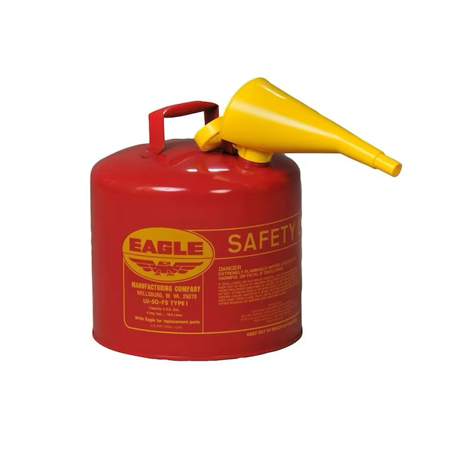 Eagle 5-Gallon Red Metal Gas Can with Flex Funnel Nozzle, Self-Venting Spout - UL Listed, OSHA Compliant