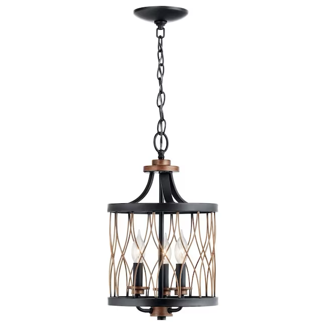 Kichler Brookglen 3-Light Black with Gold Tone French Country/Cottage Drum Mini Hanging Pendant Light