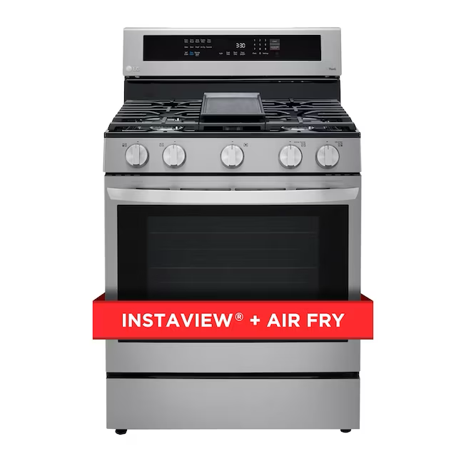 LG InstaView 30 pulgadas, 5 quemadores, 5.8 pies cúbicos, horno de convección para freír con aire autolimpiante, estufa de gas natural inteligente independiente (acero inoxidable)