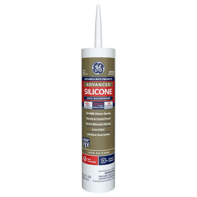 Masilla de silicona blanca GE Advanced Silicone 2 para cocinas, baños, bañeras y azulejos, 10.1 oz