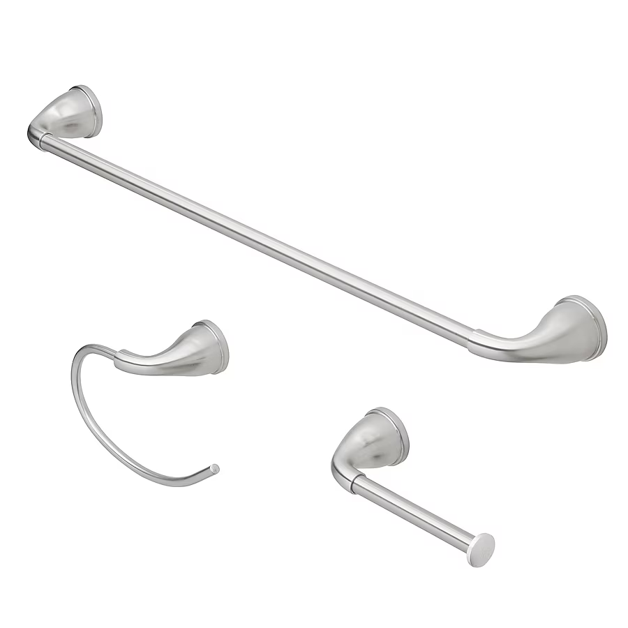 Project Source 3-Piece Dover Brushed Nickel Decorative Bathroom Hardware Set with Towel Bar, Toilet Paper Holder, Towel Ring and Robe Hook