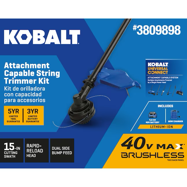 Kobalt Gen4 40 Volt 15 Zoll Akku-Fadentrimmer mit gerader Welle und 4 Ah, geeignet für Aufsätze (Akku und Ladegerät im Lieferumfang enthalten)