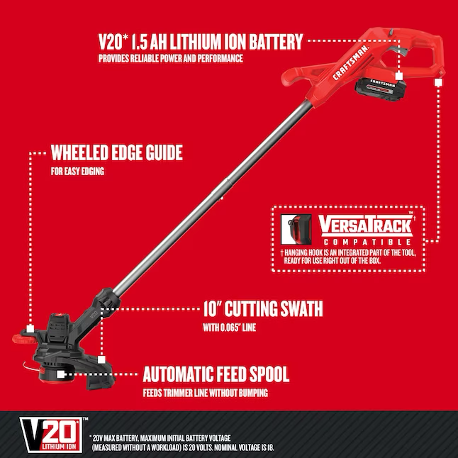 CRAFTSMAN 20 Volt Max 10 Zoll Akku-Fadentrimmer mit gerader Welle, 1,5 Ah (Akku und Ladegerät im Lieferumfang enthalten)