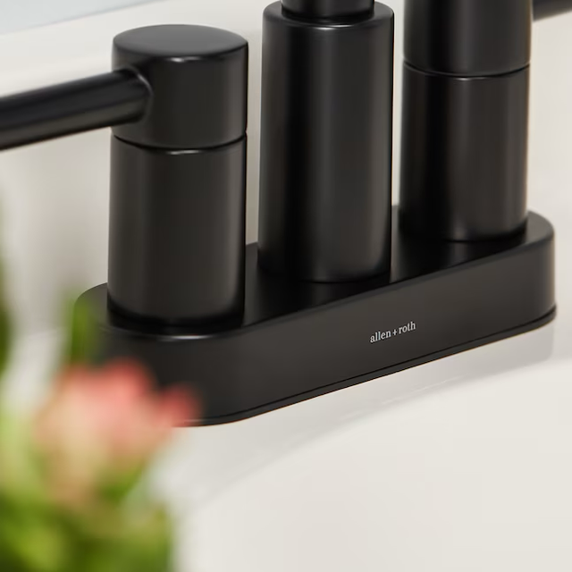 allen + roth Harlow Matte Black 4-in centerset 2-Handle WaterSense Bathroom Sink Faucet with Drain and Deck Plate