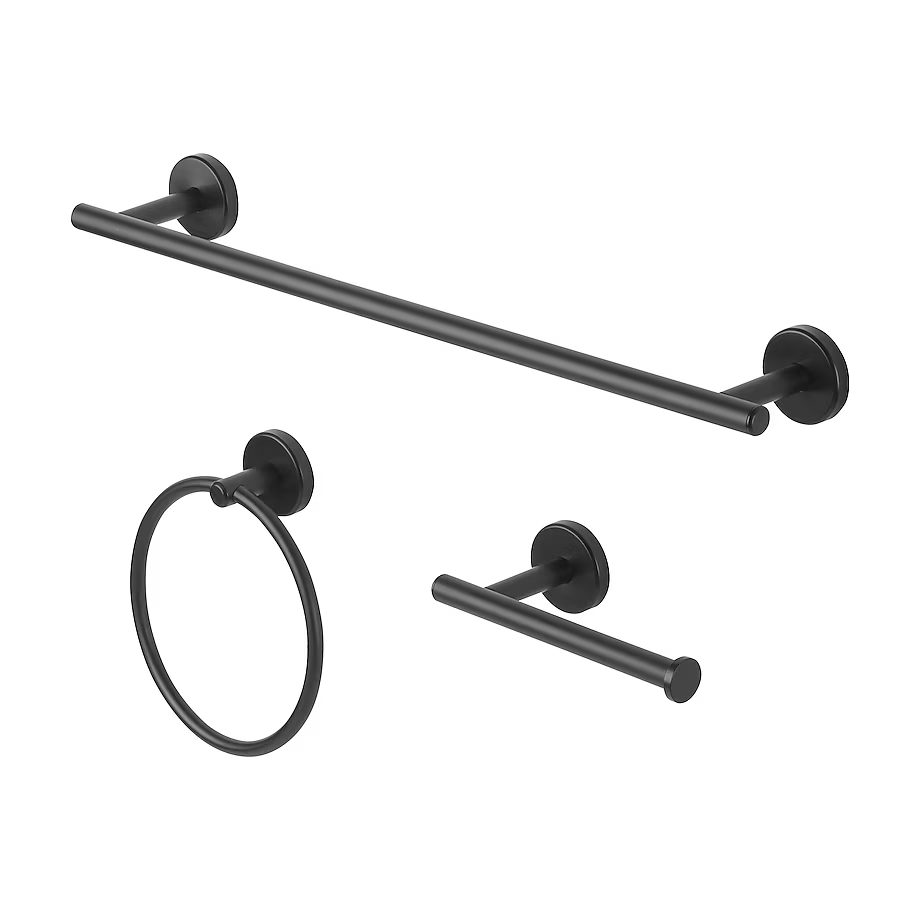 allen + roth 3-Piece Harlow Matte Black Decorative Bathroom Hardware Set with Towel Bar,Toilet Paper Holder and Towel Ring