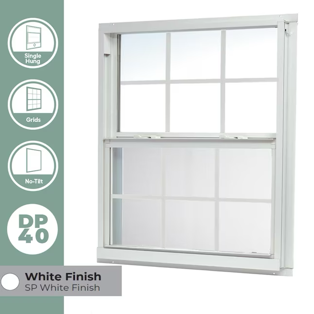 RELIABILT 46000 Series New Construction 35-1/2-in x 35-1/2-in x 2-5/8-in Jamb White Aluminum Low-e Single Hung Window with Grids Half Screen Included