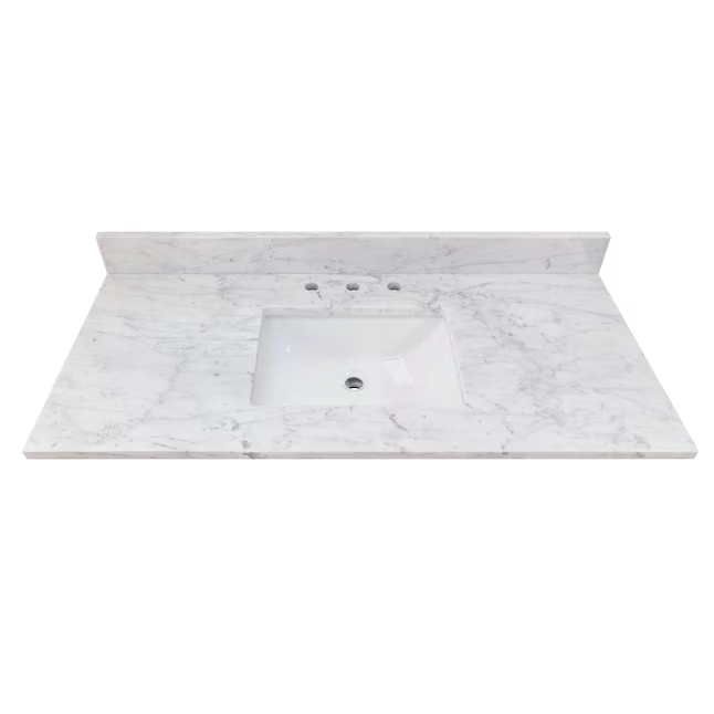 Allen + Roth Mármol natural de Carrara Fregadero individual bajo encimera de mármol natural blanco de 49 pulgadas Encimera de tocador de baño con 3 orificios