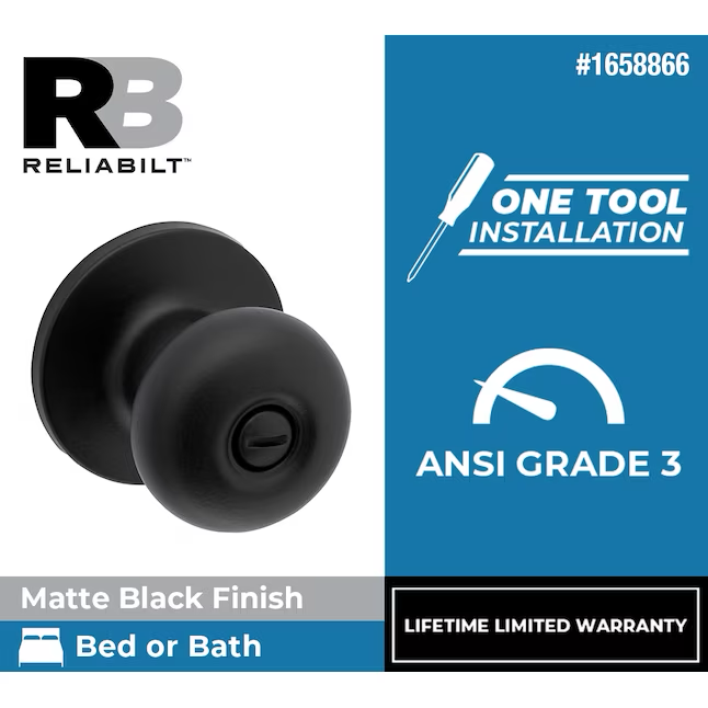 RELIABILT Baron Matte Black Interior Bed/Bath Privacy Door Knob