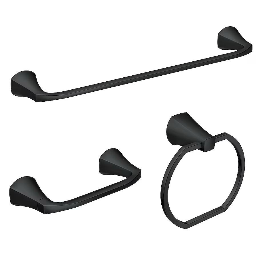 Moen 3-Piece Lindor Matte Black Decorative Bathroom Hardware Set with Towel Bar,Toilet Paper Holder and Towel Ring