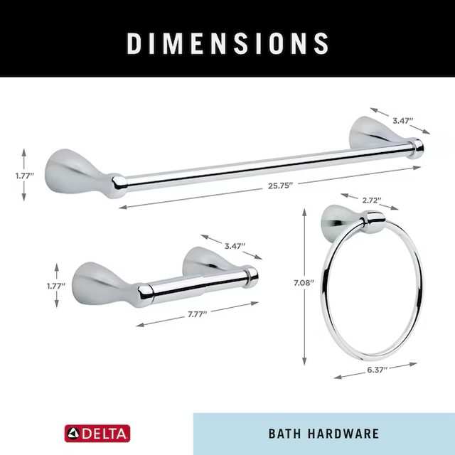 Delta 3-Piece Foundations Polished Chrome Decorative Bathroom Hardware Set with Towel Bar,Toilet Paper Holder and Towel Ring