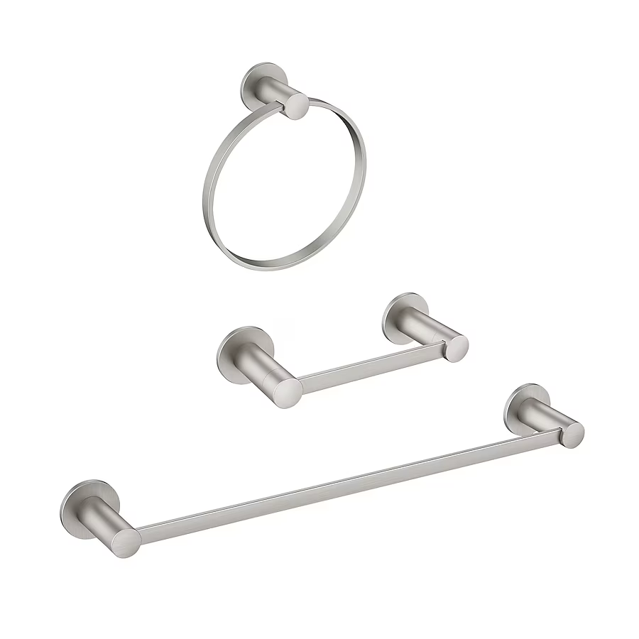 Moen 3-teiliges Avri Badezimmer-Hardware-Set aus gebürstetem Nickel mit Handtuchstange, Toilettenpapierhalter und Handtuchring