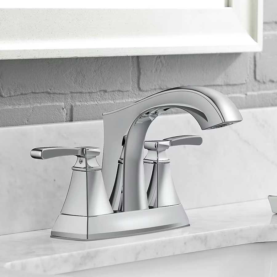 allen + roth Chesler Polished Chrome 4-in centerset 2-Handle WaterSense Bathroom Sink Faucet with Drain and Deck Plate