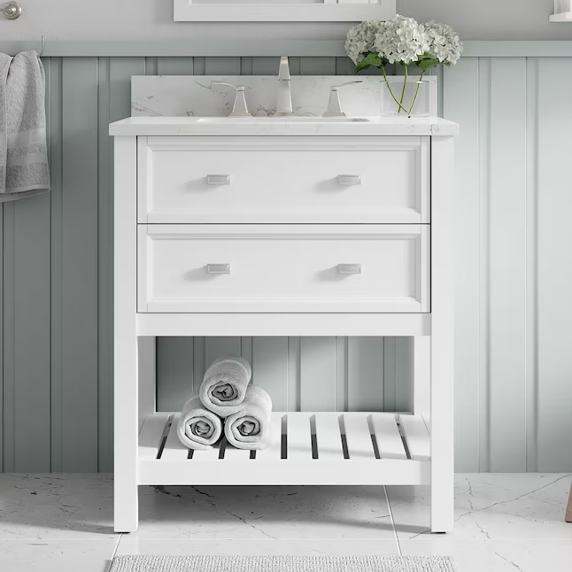 Allen + Roth Canterbury 30-in White Undermount Single Sink Bathroom Vanity with Carrara Engineered Marble Top