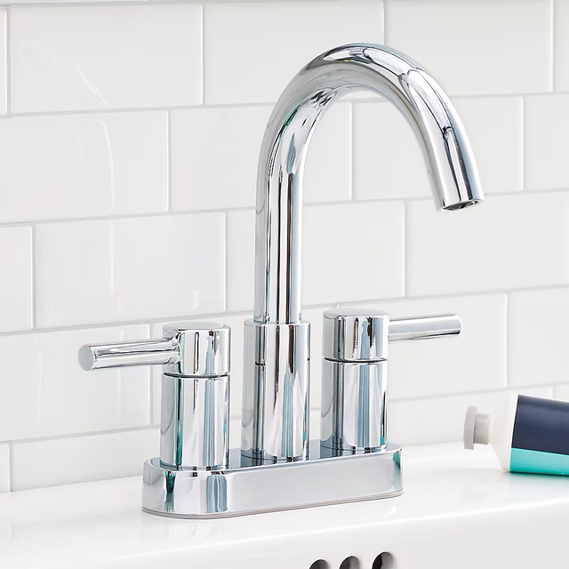 allen + roth Harlow Polished Chrome 4-in centerset 2-Handle WaterSense Bathroom Sink Faucet with Drain and Deck Plate