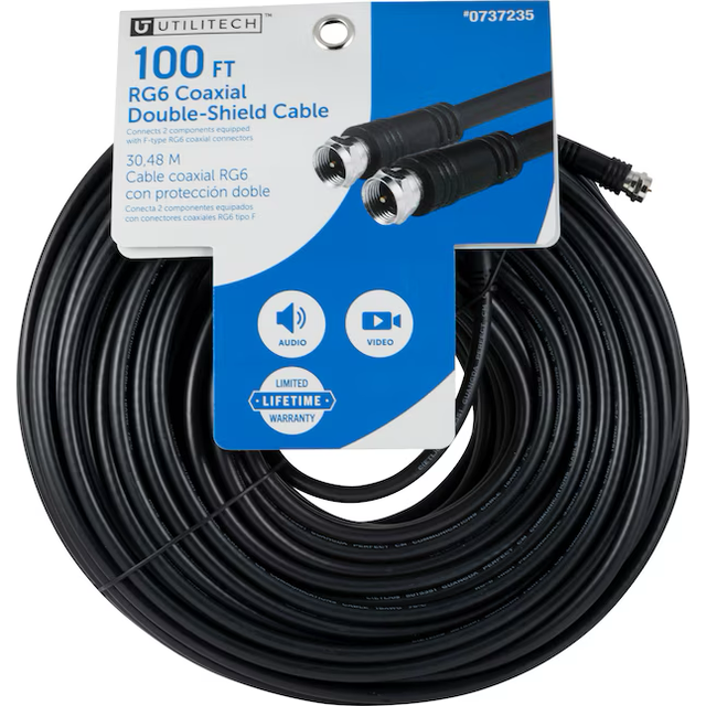 Cable coaxial negro RG6 de 100 pies de Utilitech