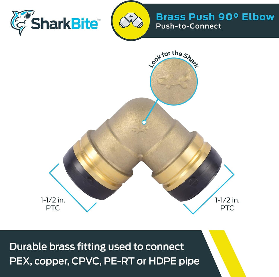 SharkBite 1-1/2 Zoll x 1-1/2 Zoll 90-Grad-Winkelstück aus Messing