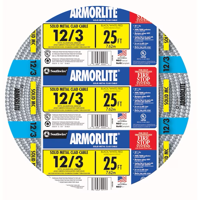 Southwire Armorlite 25 Fuß 12/3 MC-Kabel aus massivem Aluminium