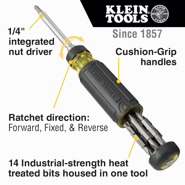 Destornillador de puntas múltiples surtido con trinquete y mango bimaterial de 15 piezas Klein Tools