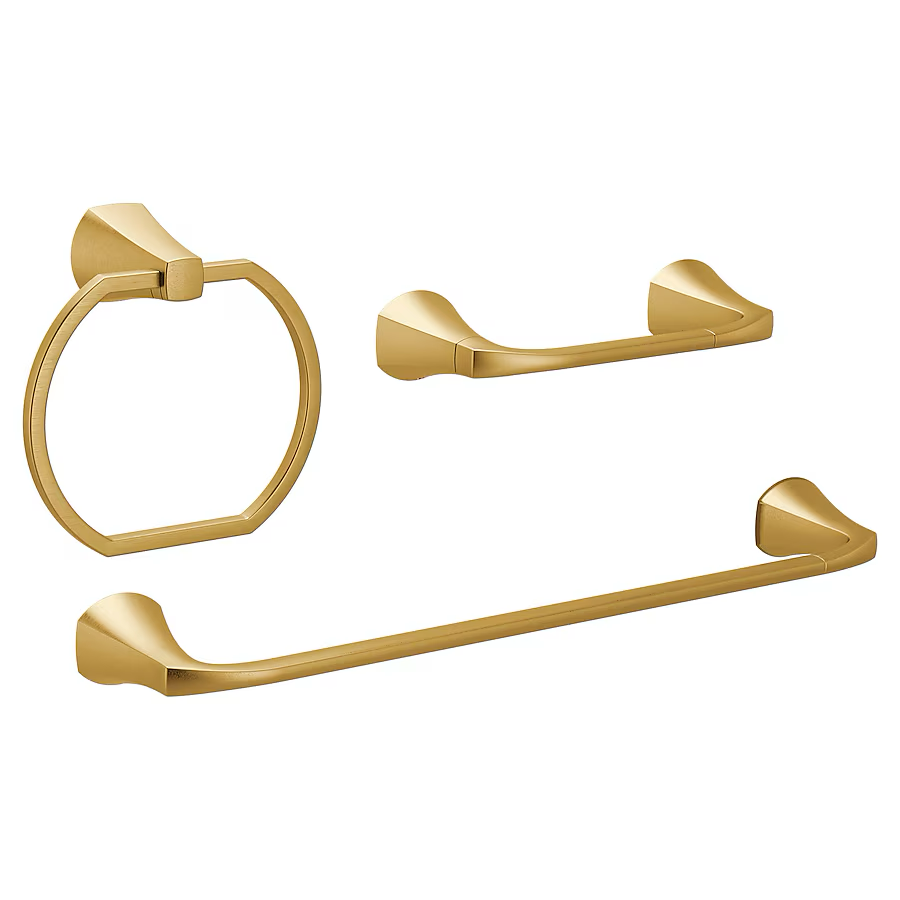 Moen 3-teiliges Lindor Badezimmer-Hardware-Set in gebürstetem Gold mit Handtuchstange, Toilettenpapierhalter und Handtuchring