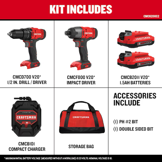 CRAFTSMAN V20 2-Tool Power Tool Combo Kit with Soft Case (2-Batteries Included and Charger Included)