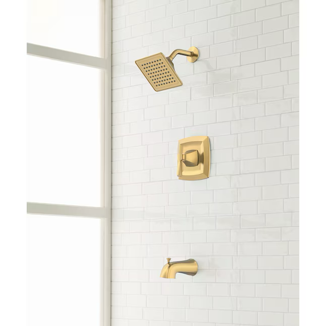 Grifo para bañera y ducha cuadrado monomando de una sola función, de color dorado cepillado Chesler de Allen + Roth, con válvula incluida