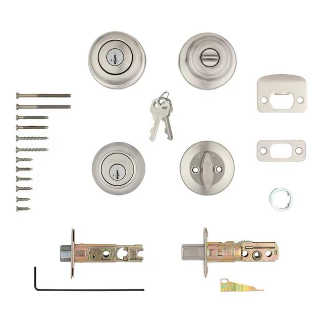 Kwikset Series Cove Satin Nickel Smartkey Exterior Single-cylinder deadbolt Combined Door Knob Combo Pack with Antimicrobial Technology