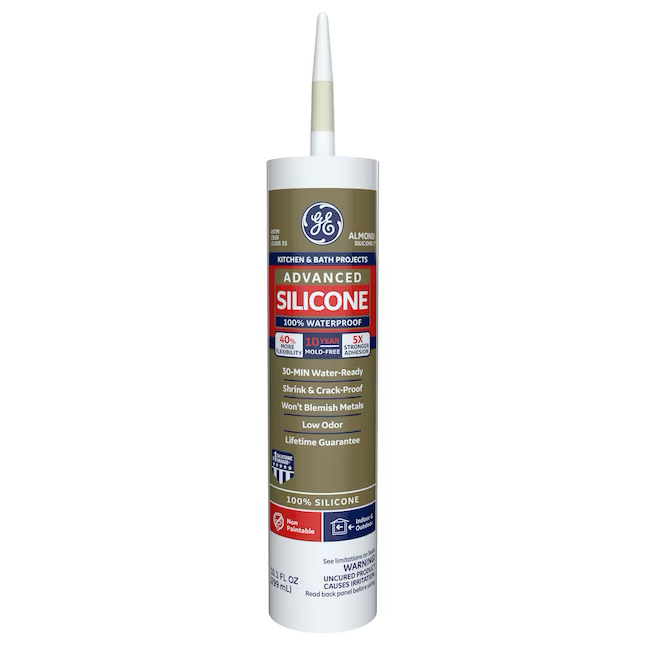 Masilla de silicona color almendra GE Advanced Silicone 2 para cocinas, baños, bañeras y azulejos, 10.1 oz 