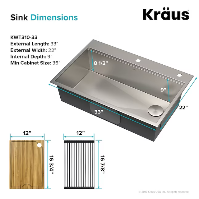 Kraus Kore Workstation Dual-mount 33-in x 22-in Stainless Steel Single Bowl 2-Hole Workstation Kitchen Sink