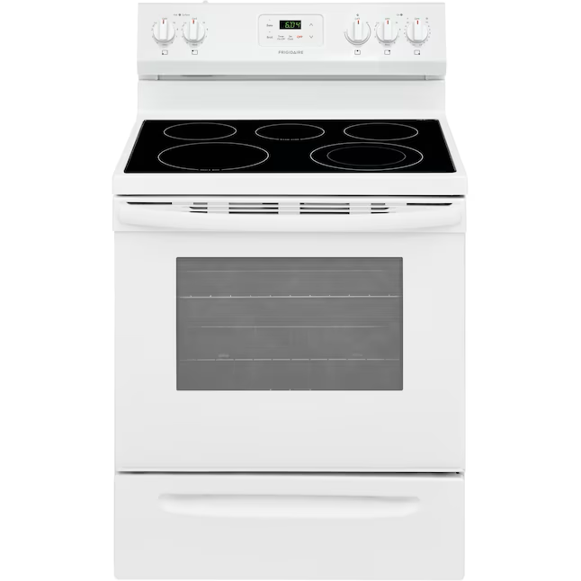 Frigidaire Cocina eléctrica independiente de 30 pulgadas con tapa de vidrio, 5 quemadores y 5.3 pies cúbicos (blanco)