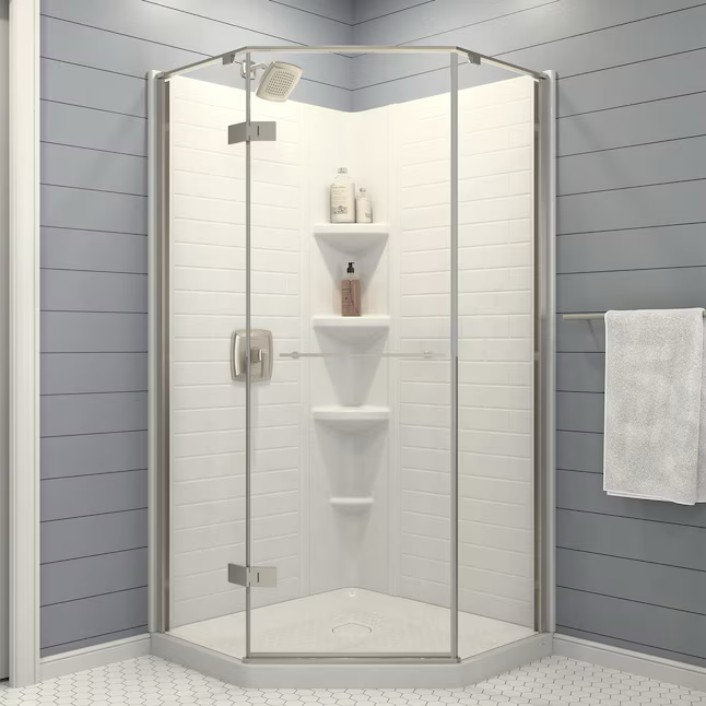 American Standard Elevate Brushed Nickel 36-1/4-in to 36-5/8-in W x 74-in H Frameless Corner Neo Angle Hinged Soft Close Shower Door