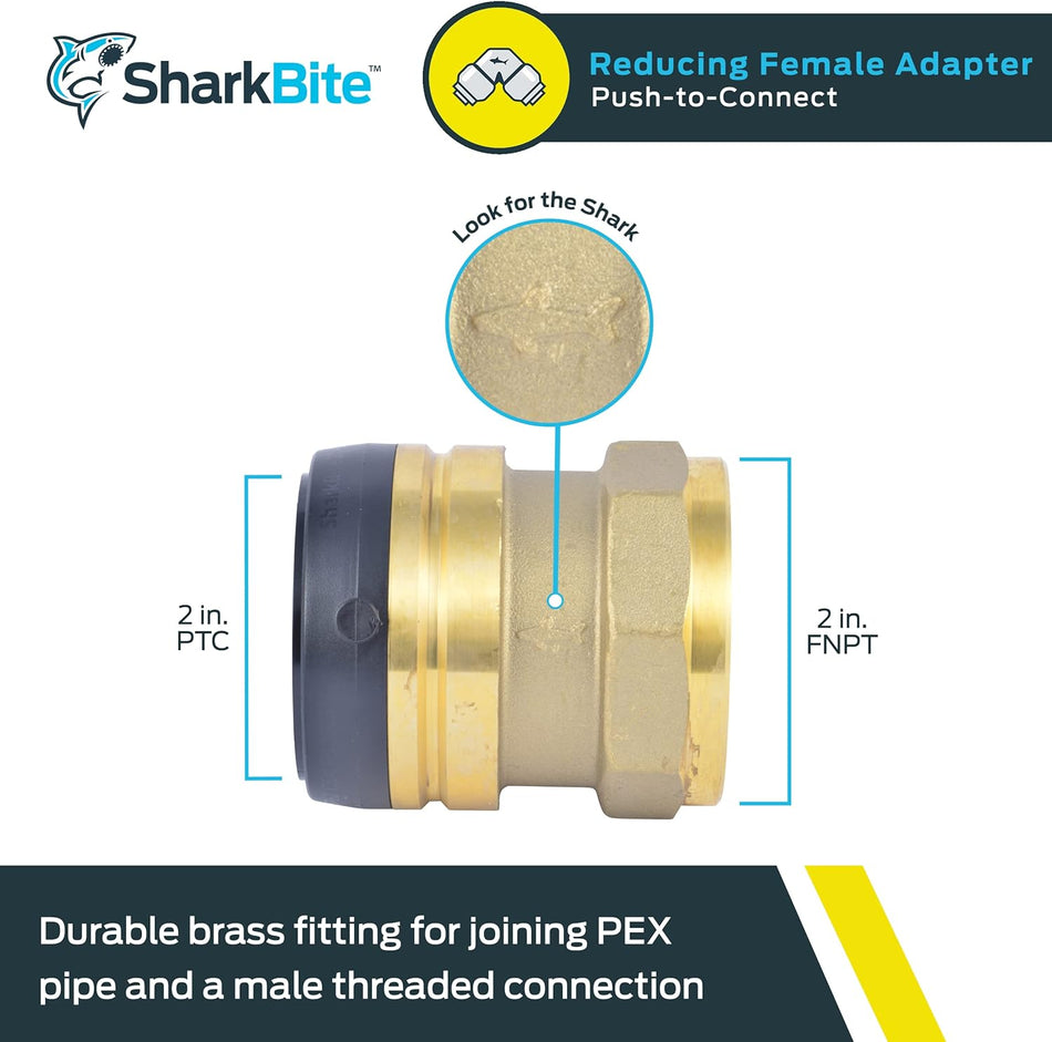 Adaptador hembra de empuje de latón FNPT SharkBite de 2 pulg. x 2 pulg.