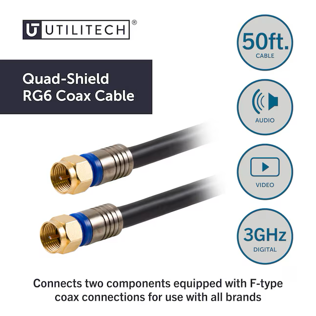 Cable coaxial negro con blindaje cuádruple Rg6 de 50 pies de Utilitech