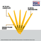 Hoja de sierra recíproca para corte de madera/metal DEWALT bimetálica de 9 pulgadas y 6 Tpi (paquete de 5)