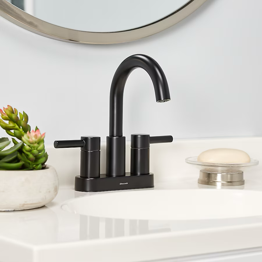 allen + roth Harlow Matte Black 4-in centerset 2-Handle WaterSense Bathroom Sink Faucet with Drain and Deck Plate