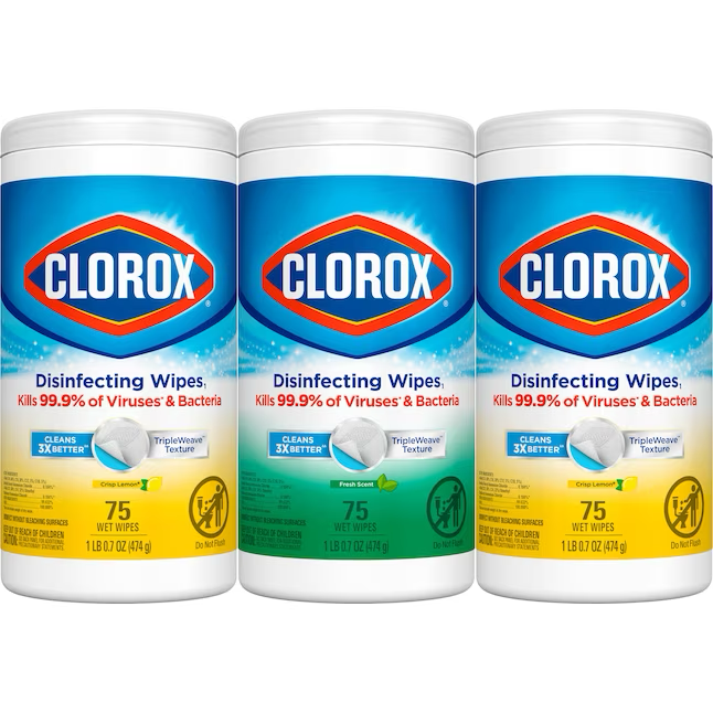 Clorox Toallitas desinfectantes con aroma fresco y limón crujiente, 225 unidades, limpiador multiuso (paquete de 3)