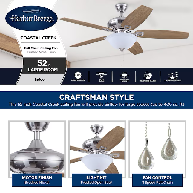 Harbor Breeze Coastal Creek 52-Inches Brushed Nickel with Toffee/cocoa Blades Indoor Downrod mount Standard Ceiling Fan With Light ( 5 -Blade)