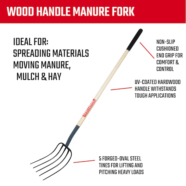 CRAFTSMAN Horquilla para estiércol forjada con mango de madera de 54 pulgadas de largo