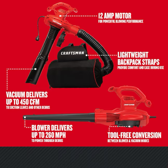 Soplador de hojas de mochila eléctrico con cable CRAFTSMAN 450-CFM 260-MPH 