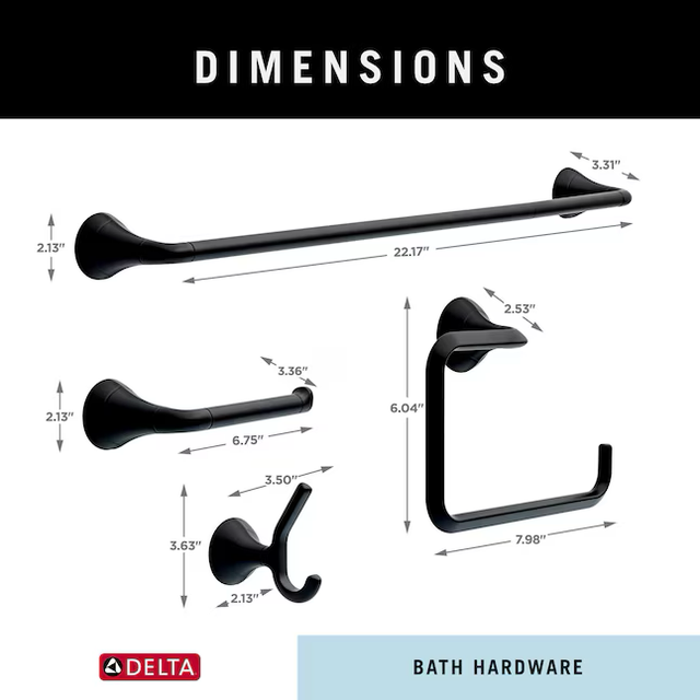 Juego de accesorios decorativos para baño Delta Eldren de 4 piezas en negro mate con soporte para papel higiénico, aro para toallas y gancho para bata