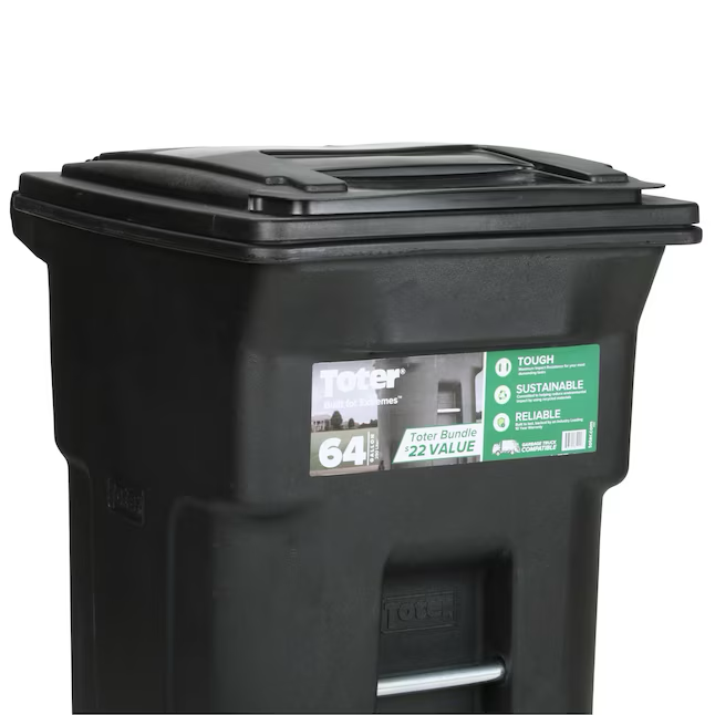 Toter 64-Gallons Black Plastic Wheeled Trash Can with Lid Outdoor