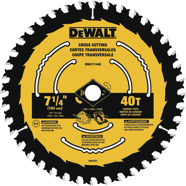 DEWALT Hoja de sierra circular de acero con punta de carburo de tungsteno y acabado fino de 40 dientes, 7-1/4 pulgadas