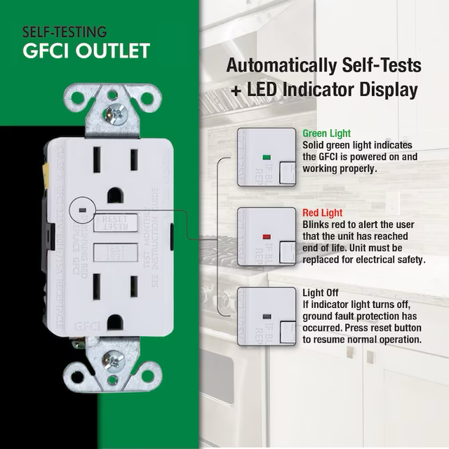 Tomacorriente GFCI delgado de autoprueba dúplex EZ-FLO de 15 amperios y 125 voltios con indicador LED y placa de pared (blanco)