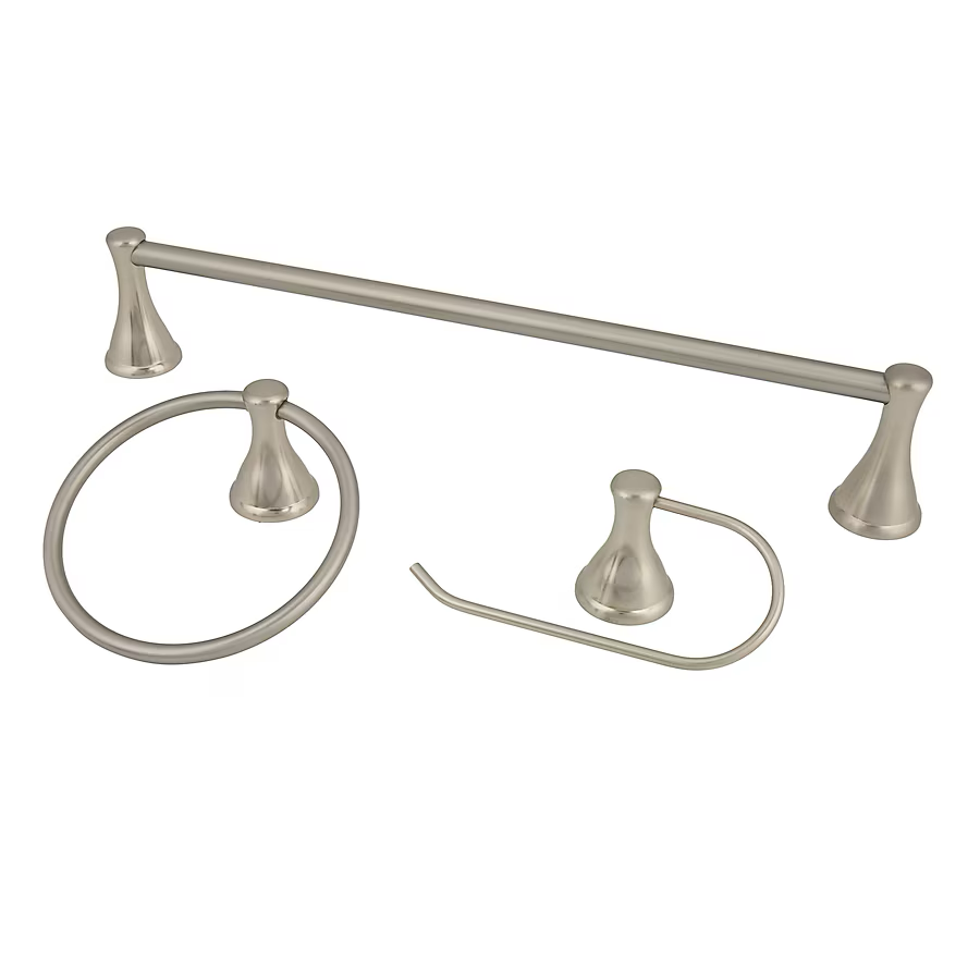 Style Selections 3-Piece Bailey Brushed Nickel Decorative Bathroom Hardware Set with Towel Bar,Toilet Paper Holder and Towel Ring