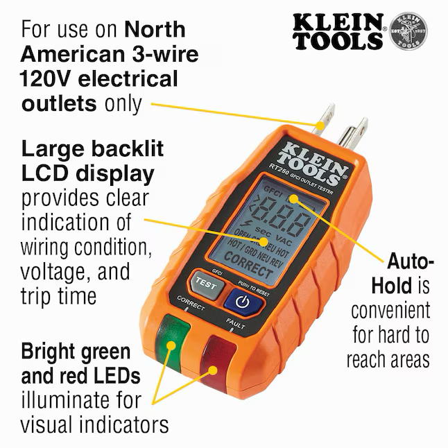 Probador de salida GFCI de Klein Tools, probador de receptáculo con pantalla LCD, medidor especializado de 120 voltios