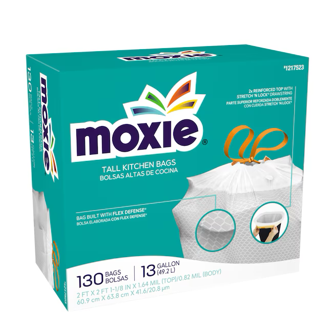 MOXIE Bolsa de basura con cordón de cocina de plástico blanco de 13 galones (130 unidades)