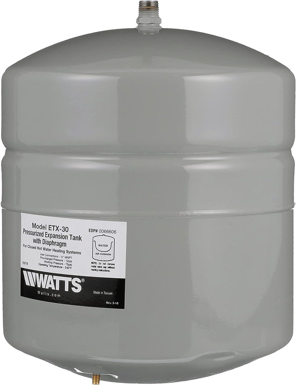 Watts ETX-30 Tanque de expansión de agua no potable Conexión MNPT de 1/2 pulg., 4.5 galones, Gris