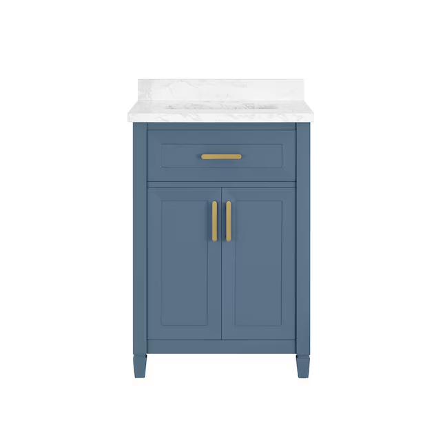 Mueble de baño de 24 pulgadas con lavabo bajo encimera en color azul Chambray y cubierta de piedra artificial blanca de Allen + Roth Lancashire